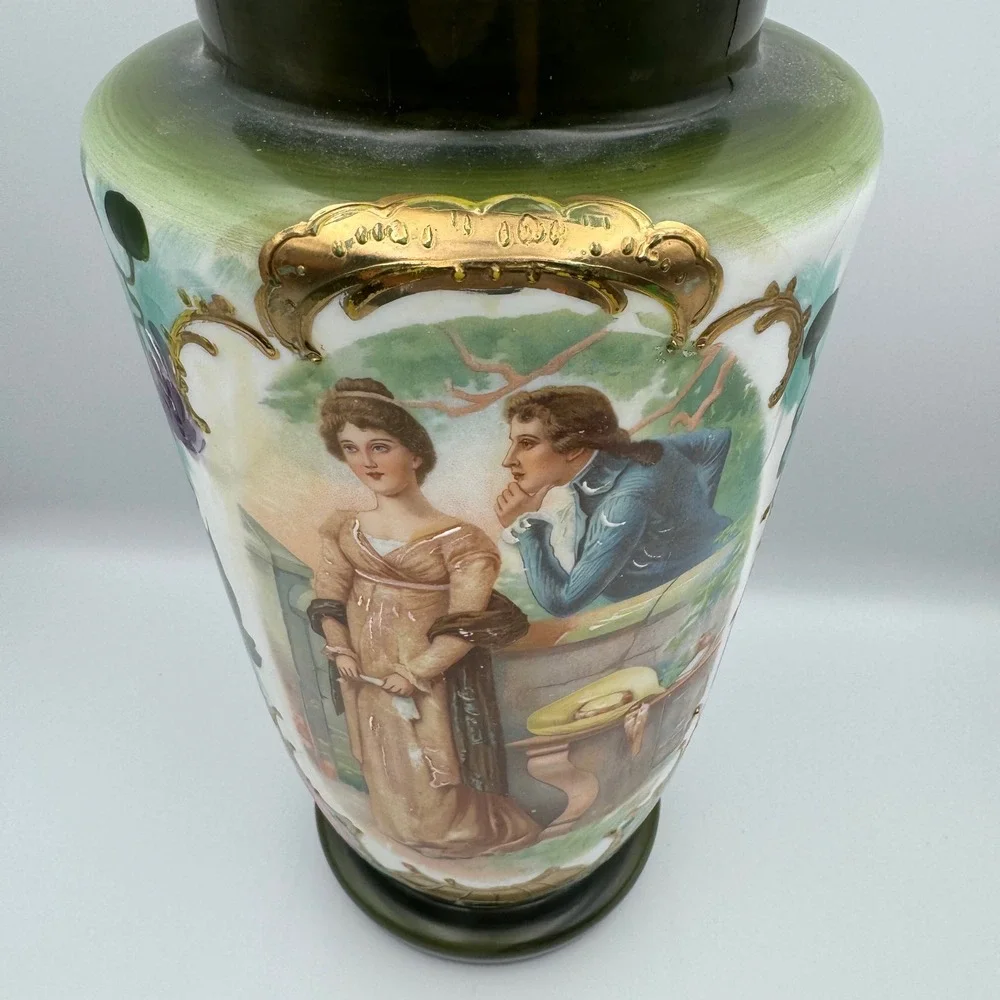 Vintage Porcelain Vase Romantic‎ Scene Floral Gold Gilt Accent